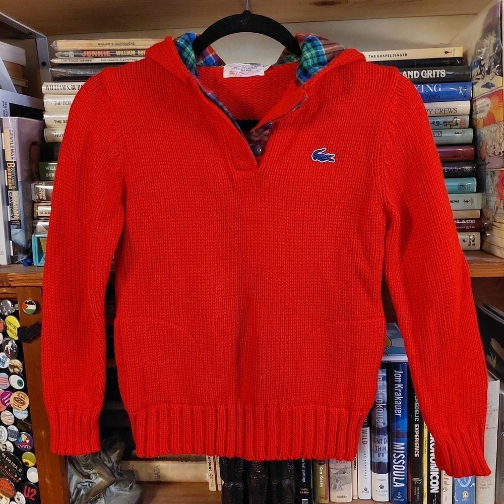Vintage red Lacoste hooded sweater with‎ plaid detail and pockets.